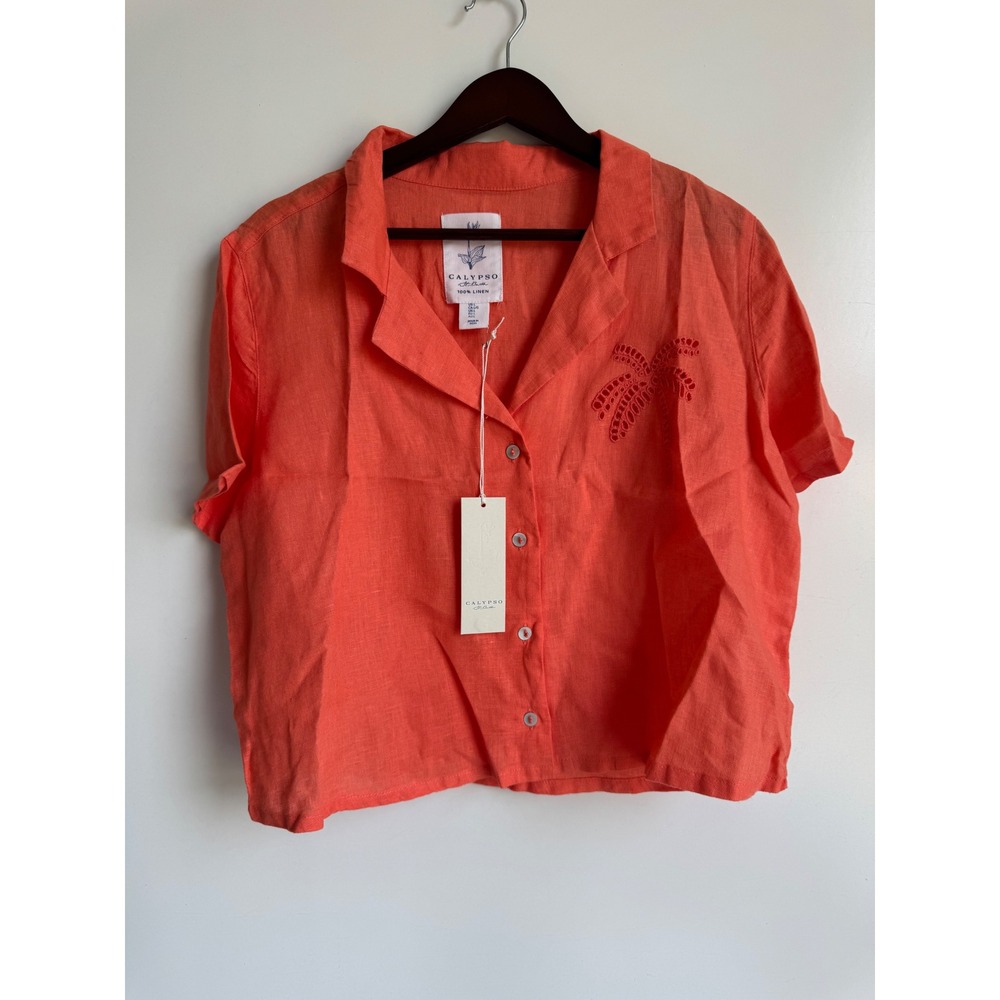 Calypso‎ St Barth Women L Coral Orange 100% Linen Palm Tree Eyelet Shirt Beachy